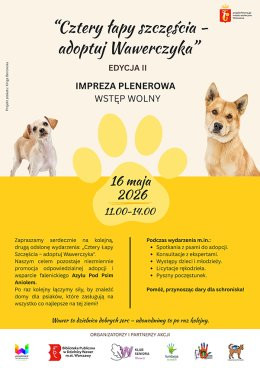 Warszawa Wydarzenie Inne wydarzenie Impreza plenerowa "Cztery łapy szczęścia - adoptuj Wawerczyka" w WCK Falenica